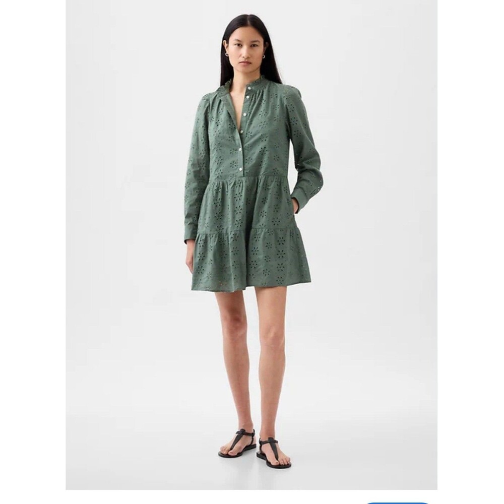 Gap eyelet mini dress Sz Xl Tall olive green Eyelet tiered skirt boho  coastal